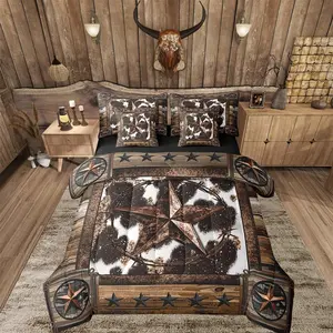 Brown Western Aztec 7 Pieces Bedding Set West Texas Star Comforter Set with Sheets for Kids Boys Girls Decor Wild Cowboy Cow Fur Printed Rustic Farm Bed in a Bag Soft Bedroom Decor