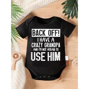 Cute Baby Bodysuit With Back Off I Have A Crazy Grandpa And Im Not Afraid To Use Him Print Soft Versatile Round Neck Button Detail Regular Fit All Seasons Knitted Fabric Onesie