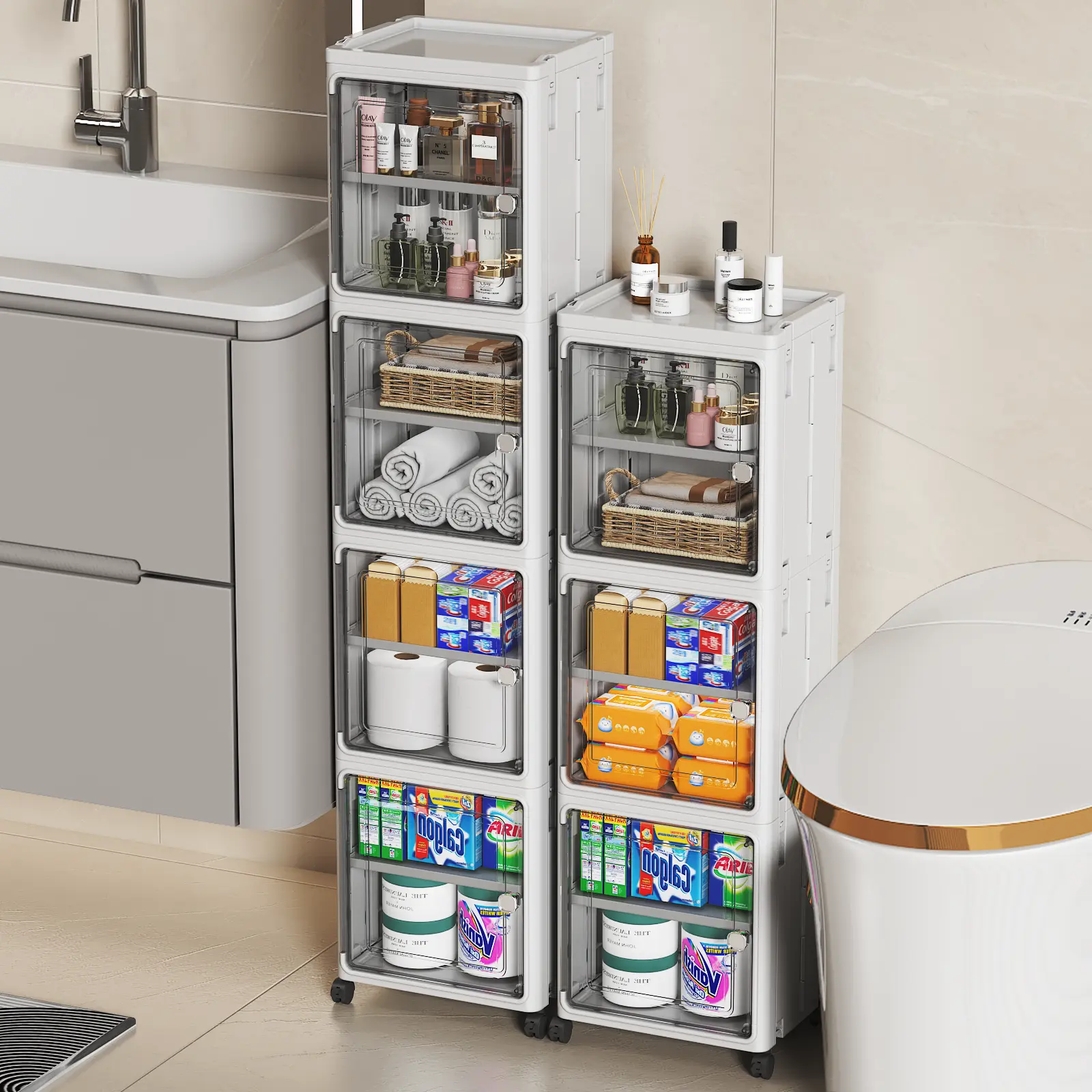 White Narrow Gap Storage Cabinet with Magnetic Clear Door & Lockable 360° Wheels, Foldable Stackable Slim Rolling Organizer with Removable Partition, Tool-Free Collapsible Vertical Modular for Fridge Side, Kitchen Pantry, Bathroom & Laundry Narrow Spaces
