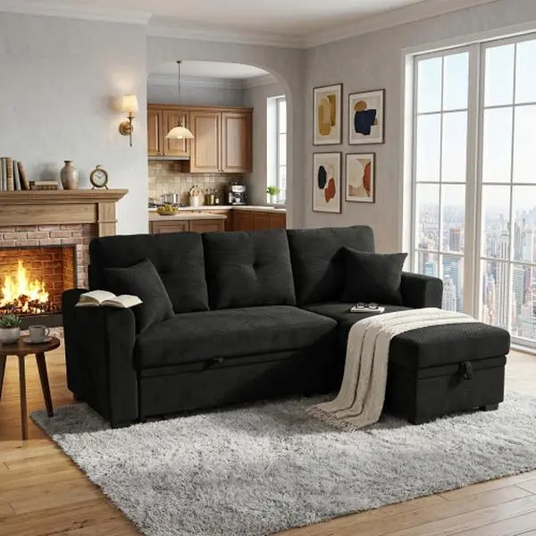 71" Convertible Sectional Sleeper Sofa Bed (Indoor Sofa Bed) with Storage Chaise, 3-Seater L-Shaped Reversible Pull-Out Couch, 2 Pillows, Compact Convertible Sectional Sofas for Living Room Furniture, Apartment Furniture, Dark Black