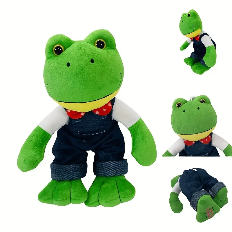 1PC Adorable Frog Plush Doll in Jeans with Bow Tie, Huggable Stuffed Animal, Perfect Gift for Friends, Birthday, Halloween, Christmas, Kids Room Decor