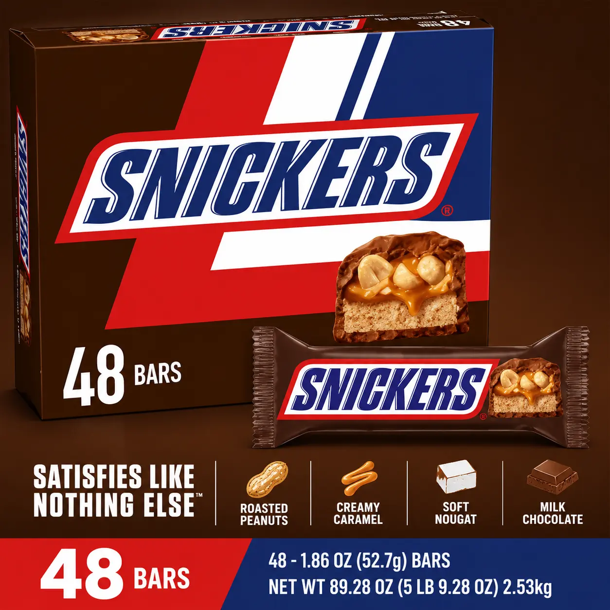 Snickers Chocolate Candy Bars 48 Count Milk Chocolate Peanut Caramel Nougat Bars Snickers Chocolate Candy Bars 48 Count Milk Chocolate Peanut Caramel Nougat Bars