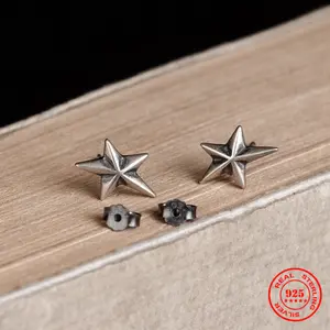 100% 925 Sterling Silver Creative Retro Star Stud Earring Men Women Trendy Street Punk Style Ear Pin Fine Jewelry