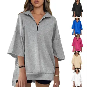 Imily Bela fitness Womens Oversized Sweatshirt Casual Zip Up V Neck 3/4 Sleeve High Low Pullover Tunic Tops