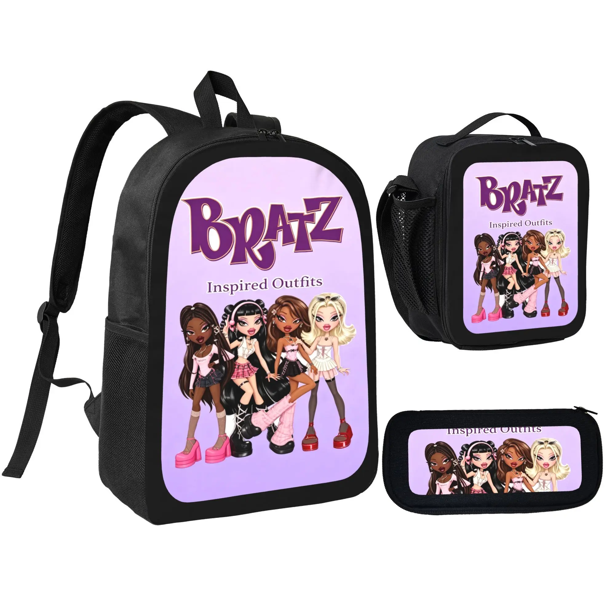 Bratz Inspired Outfits 3 Piece Backpack Set | Backpack + Lunch Bag + Pencil Case Waterproof Lightweight Teen Girls School Bag