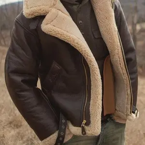 Mens Bomber Jacket Vintage Faux Fur Coat Sherpa Lined Heavyweight Shearing Coat Faux Leather Jackets Trench Coat
