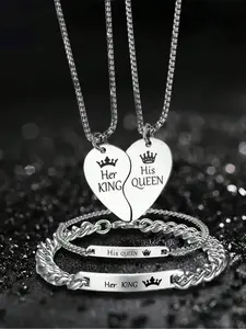 His Queen Her King Couple Necklace Bracelet Set, Couples Jewelry, Stainless Steel Romantic Gift, Perfect for Boyfriend Girlfriend, Valentine's Day Christmas, Matching Necklaces