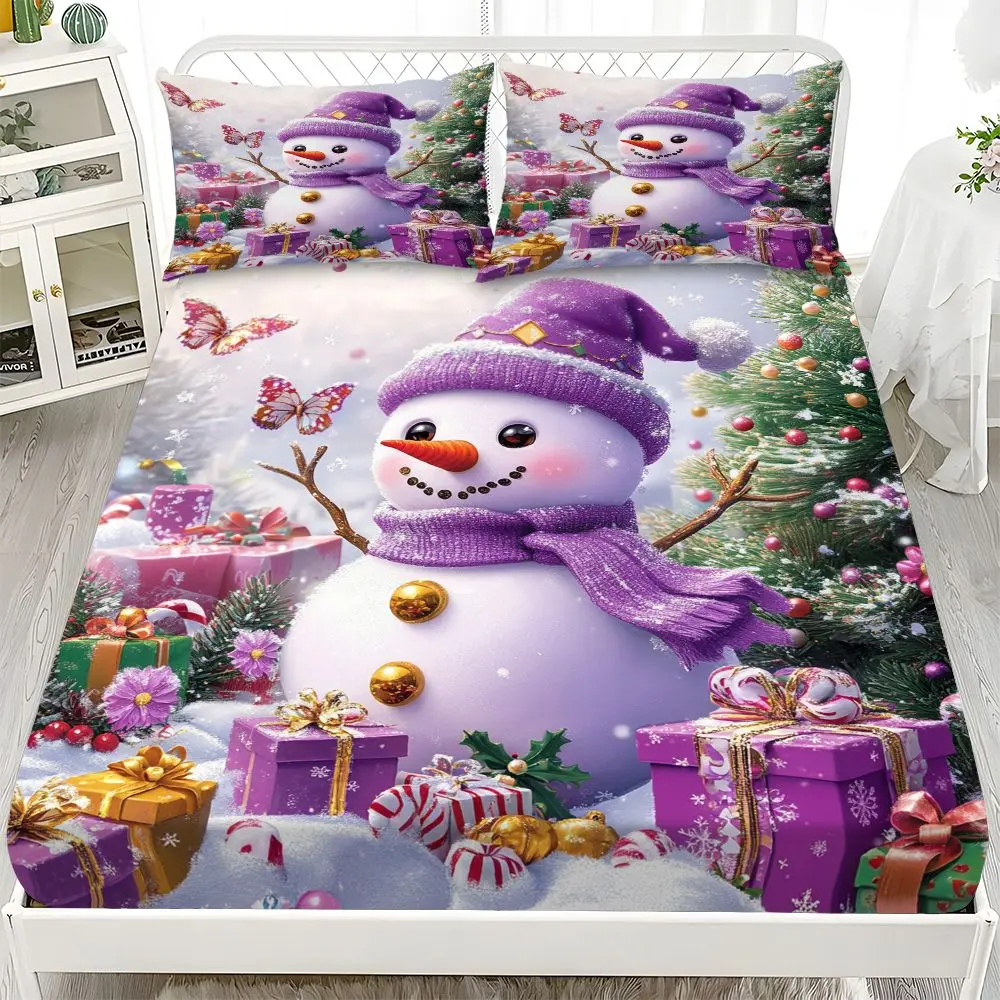 Fitted Sheet 3-Piece Set - 2D Flat Printed Christmas Purple Snowman Gift Pattern Mattress Covers, Available in 10 Sizes (1 fitted sheet + 2 pillowcases, no insert). skin-friendly and breathable bedding, suitable for family bedrooms .
