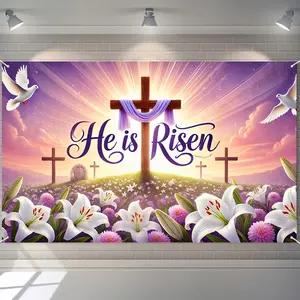1PC,2D Flat Easter Backdrop "He is Risen" Theme Religious Cross Dove Lily Decorative Cloth, Church Worship Event Decoration Background Curtain, Festival Party Photography Prop Tapestry