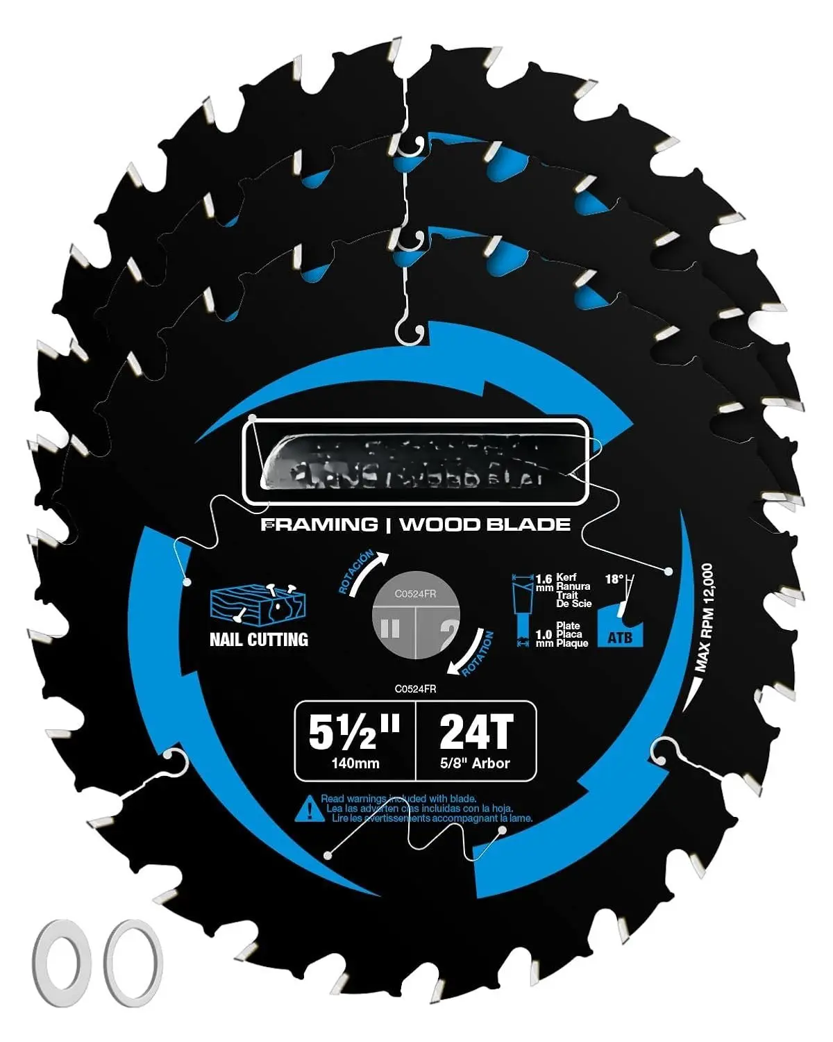 5-1/2 Inch 24    Framing Circular  , 5/8 Inch Arbor, Carbide Tipped, Thin Kerf, Black Ice Coating, for Plywood, MDF, OSB, Laminated, 3-Pack(C0524FR-3)
