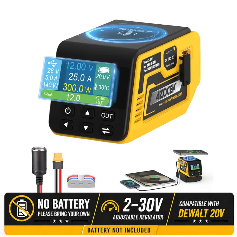 [Battery Not Included]Azocek 300W Adjustable DC Voltage Regulator for DeWalt 20V Battery, 4-in-1 Power Station with 100W USB-C PD, 15W Wireless Charging, XT60 2-30V Output & Smart LCD