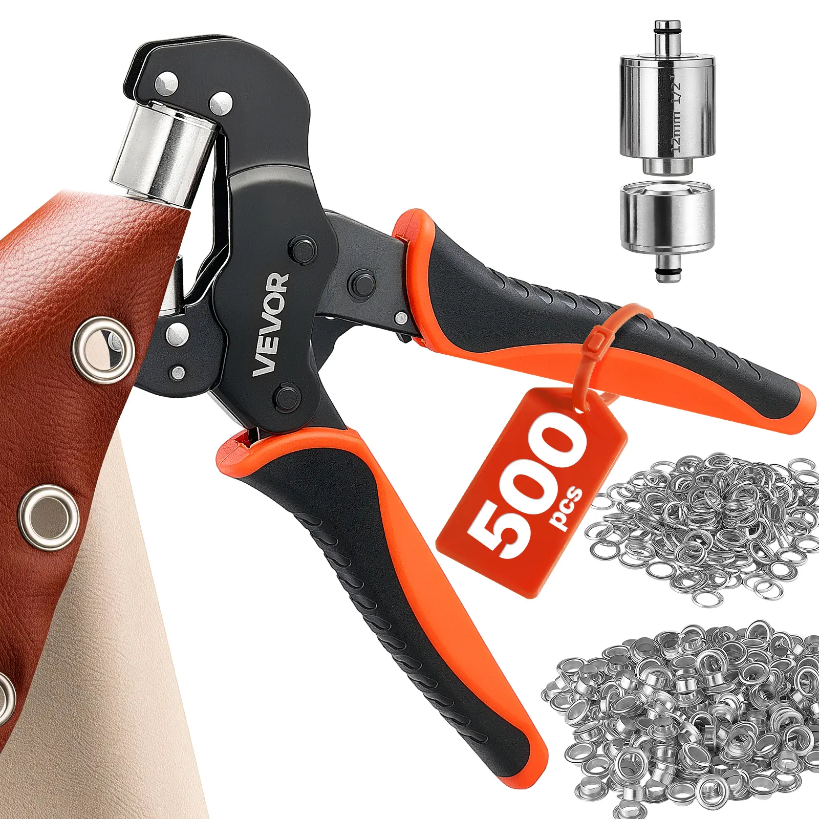 VEVOR Grommet Tool Kit 1/2" Eyelet Tool Kit with 500 PCS Silver Grommets, with Eyelets and Washers, Manual Grommet Press Pliers, Hole Punch, and Block, for Leather, Tarps, Shoes, Crafts, and Fabric