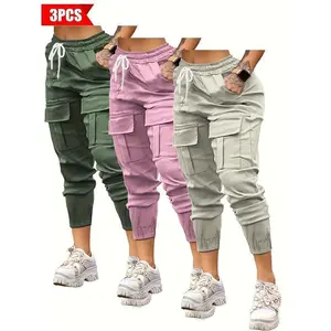 3-Pack Women'S Casual Cargo Pants, Solid Color Polyester Non-Stretch Woven Sports Style with Pockets, All-Season Drawstring Joggers for AdultsGift
