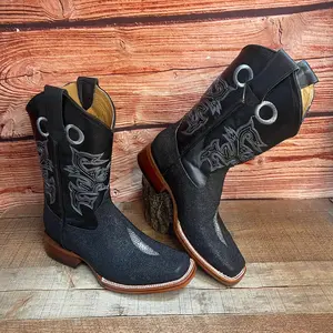 Men's Western Rodeo Cowboy Genuine Cowhide Leather with Stingray-print Embossed pattern Square Toe Boot Est.722