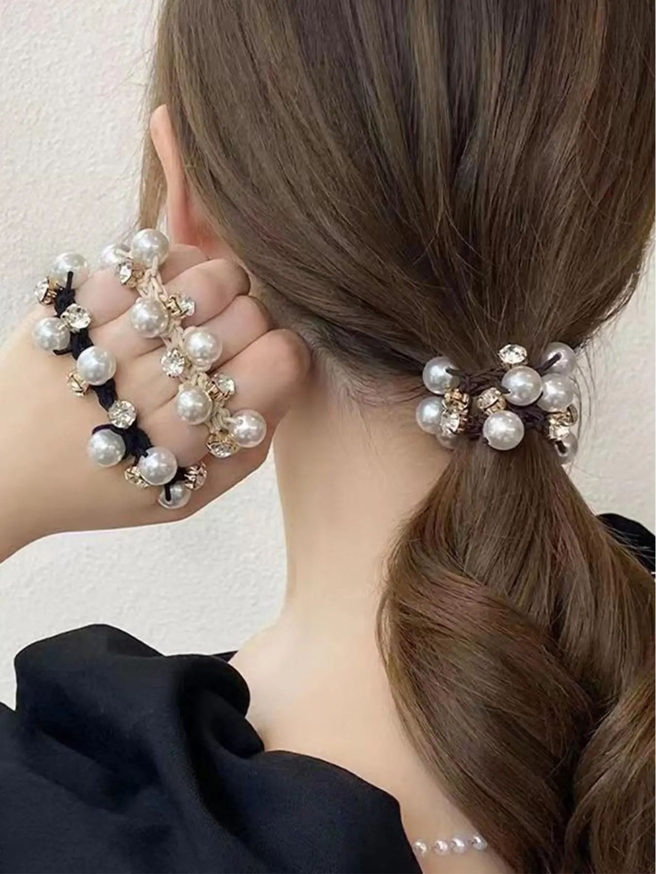 3pcs/set Faux Pearl Decorated High Elastic Hair Tie, Hair Scrunchie, Rhinestone Decor Ponytail Holder, Elastic Hair Accessory, Hair Style Accessory
