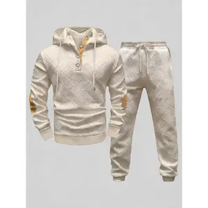 Men's 2-Piece Beige Tracksuit (Hoodie & Joggers) - Diamond Texture, Half-Button Placket (Brown Accent), Casual Stylish Outfit