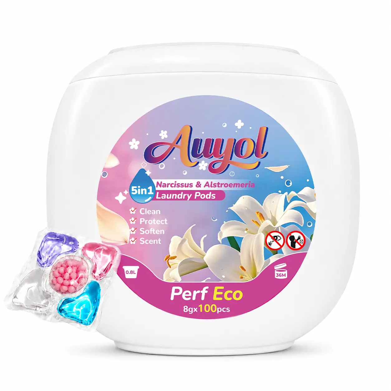 NEW - Auyol 5 in 1 Laundry Detergent Pods 100/200 Count, 3rd Gen Ultra Concentrated Laundry Capsules, Long-Lasting Lily Scent, Deep Clean & Stain Remover A