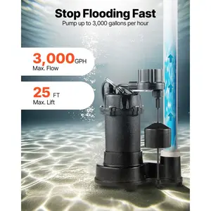 fathersdaygift VEVOR Submersible Sewage Pump, 1/3 HP, 3000 GPH Cast Iron Sewage/Effluent Pump with Automatic Float Switch, 1.5-Inch NPT Discharge, 120V, 25 ft Lift, for Basement, Septic Tank, Residential Sump Basin