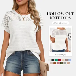 Shewin 2026 Spring/Summer Outfit Women's Crochet Sweaters Crew Neck Short Sleeve Shirts Knitwear Crewneck Tops Knit Eyelet Hollow Out T Shirts Sweater Blouses White Basic Minimalist Fitted