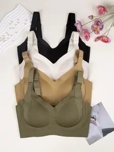 4 Piece Women's Bra, Comfortable And Non-Marking, Non-Steel Ring Gathered Bra, Wireless Support, Suitable For Daily Wear, Sleep Bra, Maximum Comfort. Minimalist Womenswear Womenswear Basic    Bras for plus size