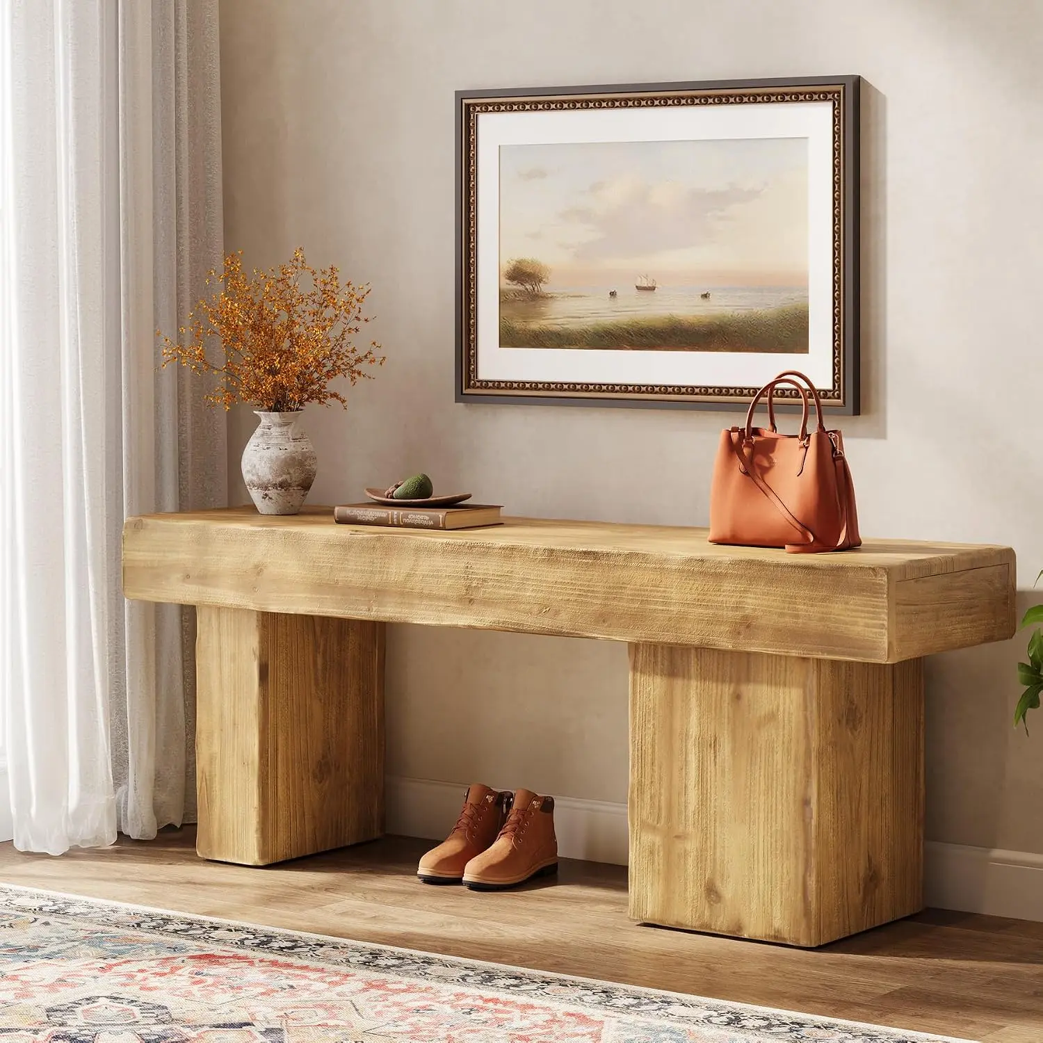 Tribesigns Solid Wood Bench, 47” Farmhouse Entryway Bench with Thickened Seat & Artistic Legs, Heavy Duty Indoor Bench for Bedroom, Hallway, Living Room, Indoor, Porch, Natural