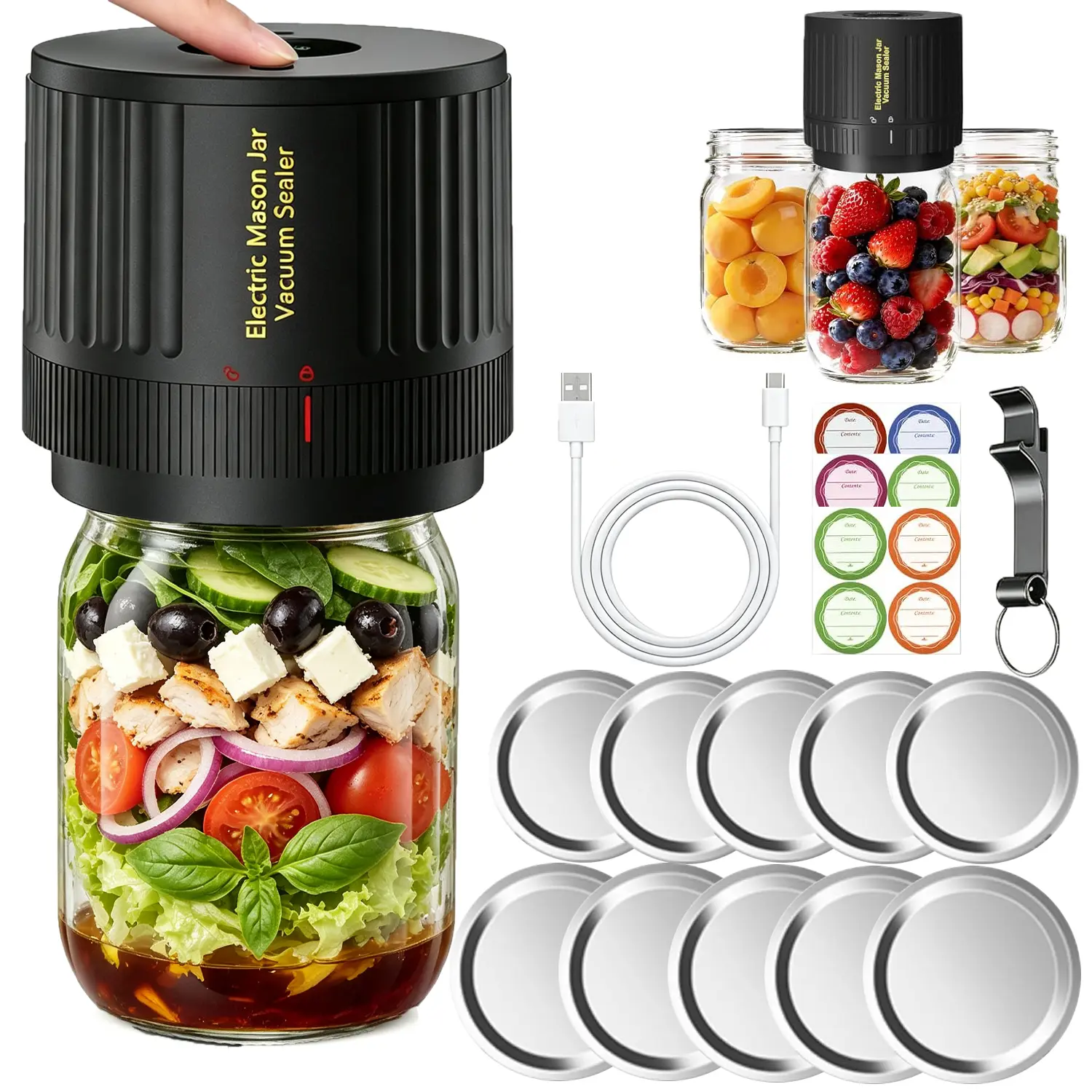 2026 Upgraded Electric Mason Jar Vacuum Sealer Kit - Automatic, Secure Non-Slip Seal, 1-Touch Operation, Fits Wide-Mouth/Regular-Mouth Jars, Includes Bottle Opener, Economical & Sustainable, Cuts Food Waste by 70%, Essential Kitchen Tool for Food Lovers