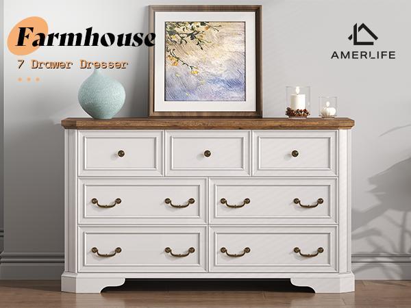 AMERLIFE Farmhouse 7 Drawer Dresser for Bedroom，54" Wide Wooden Dresser for Closet with Natural Wood Grain & Vintage Handles, TV Stand for Bedroom