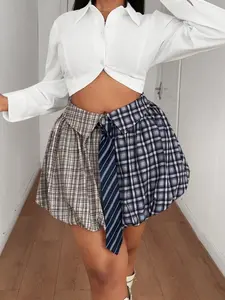 Women's Plus Size Spring Summer Aesthetic Fashion Plaid Patchwork Adjustable Tie Waist Flower Bud Short Skirt, Mini Midi Dress, Casual Style