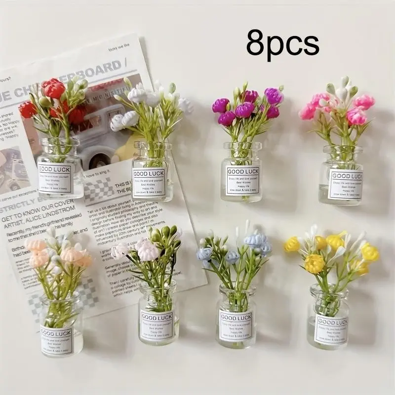 8pcs Small Flower Vase Magnets, Bud Design, 3D Plastic Decorative Refrigerator Magnets, Kitchen Decor, Home Decor, Cute Multicolor Oval Vases, Ideal Holiday Gift, Decoration