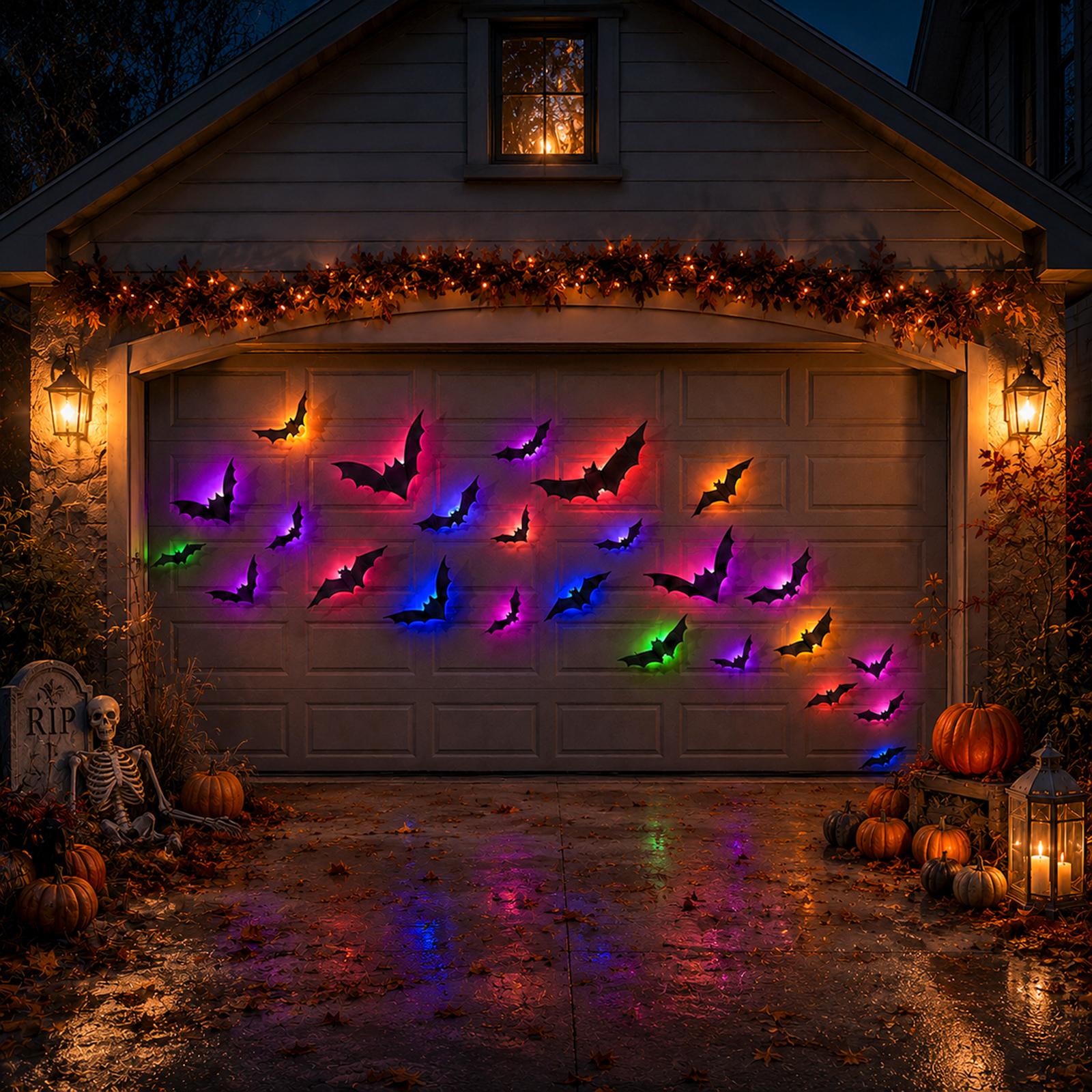 24 PCS Halloween 3D Bat Wall Decoration with 12 LED Lights, Remote Control, 13 Colors, 6H Timer, Thick PET Stickers (10 Sizes) & Painter's Tape - Halloween Decor for Walls, Windows, Creepy Vibe Parties, Led Lighting