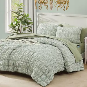 Full Size Comforter Sets-7 Pieces Puff Sage Green Floral Bedding Set for All Seasons, Shabby Chic Farmhouse Bed in a Bag Full with Floral Comforter, Sheets, Pillowcases & Shams