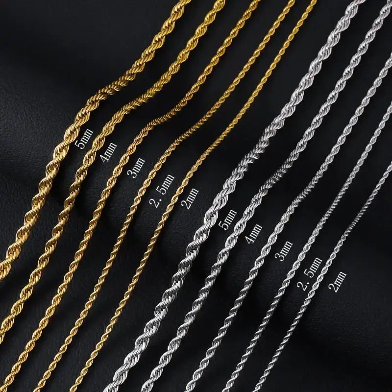 14K Gold Plated Stainless Steel Rope Chain Necklace | 2/3/5mm, 18-24in, Unisex Twisted Chain, Diamond-Cut Shine, Tarnish Resistant, Perfect for Layering & Everyday Wear
