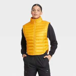 Women's Zipper Quilted Relaxed Puffer Vest Poplin Lightweight Stand Up Collar Fabric Nylon Garment Womenswear Fit Hip Pocket Polyester