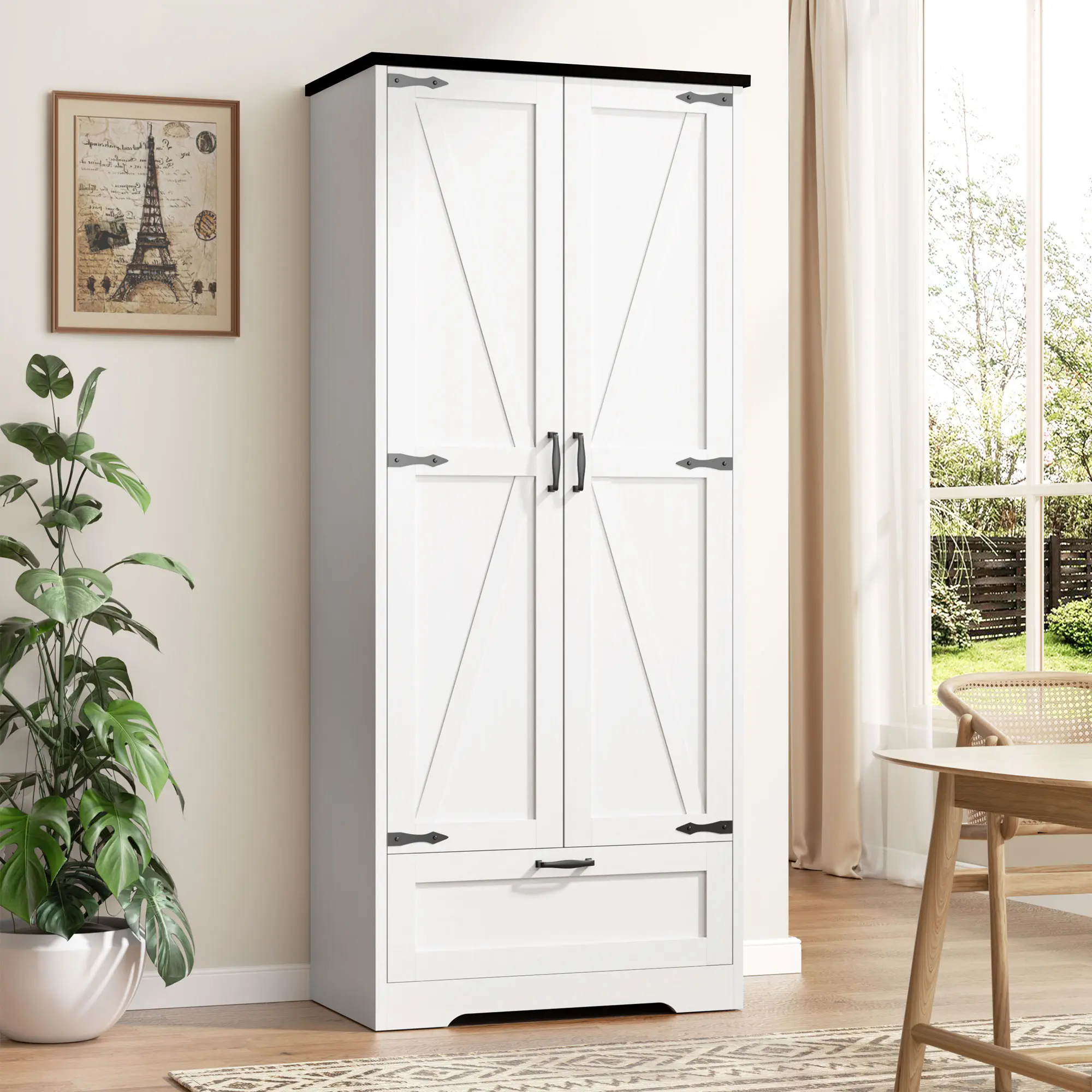 Walsunny White Kitchen Pantry Cabinet, 65"Farmhouse Tall Storage Pantry Cabinet with Adjustable Shelves & Barn Doors, Freestanding Kitchen Cupboard for Dining Room, Living Room