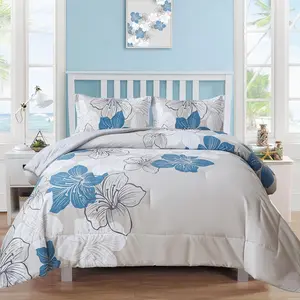Menghomeus Floral Comforter Set Full Blue Floral Pattern Printed on Grey, Soft Microfiber Bedding Set Lightweight Boho Bed Set for All Season (1 Comforter, 2 Pillowcases) - SIZE FULL - 3 pieces