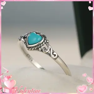 Pure Silvery S925 Vintage Peach Heart Turquoise Blackened Women's Ring Simple and Unique Light Luxury Versatile and Elegant Ring 2.2g