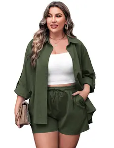 Plus Size Women's 2 Piece Outfits Cotton Linen Shirt and Drawstring Shorts Set Summer Tracksuits 2025#US 2025 Deals for You Days