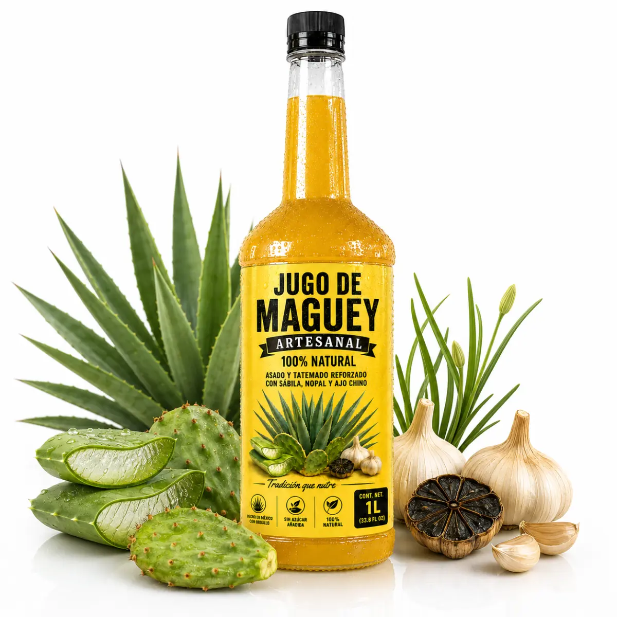 Jugó de Maguey PREMIUM Artesanal 33 Fl Oz (1 Lt) - Maxima Calidad de Exportacion -  100% Natural Reinforced with Sábila Nopal and Ajo Chino Strong Flavor Beverage Syrup