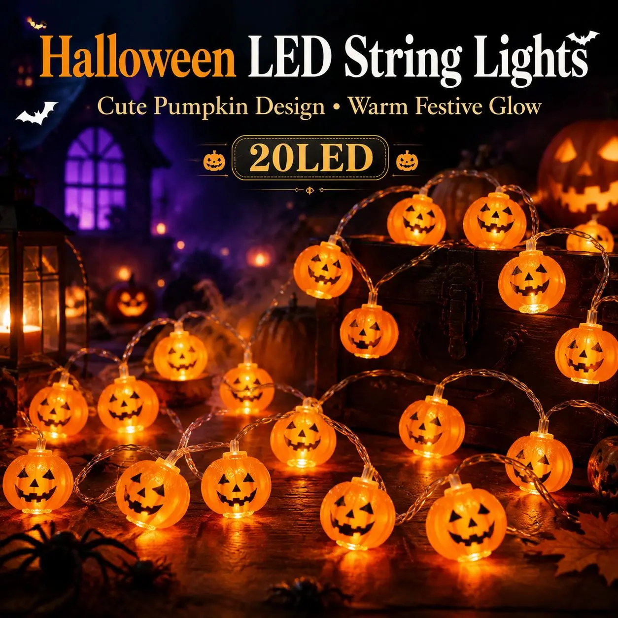 Retro 20-LED Pumpkin Garland, Room Accessories - Halloween Festive Home, Fireplace & Party Venue Decor