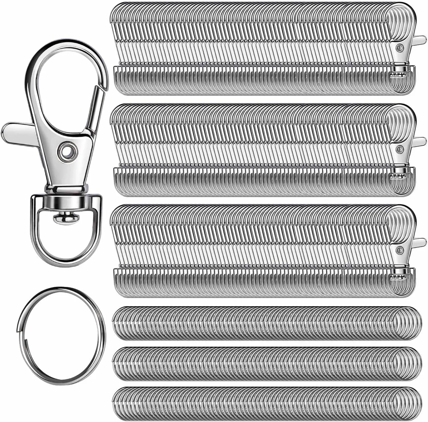 480-Pcs Zinc Alloy Rotating Lobster Clasp & Split Ring Set - 240 Silver Keychain Hooks, 0.59in/1.42in Key Rings, Easy-Open Hard-to-Deform Sewing Accessory for DIY Keychain Making & Jewelry Crafts