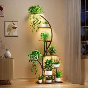 Plant Shelf with Grow Light - 8 Levels Large Flower Stand 165 cm Metal Wood Plant Stand - Indoor and Outdoor Flower Stairs - Decorative Black Corner Flower Shelf for Indoor Garden Balcony