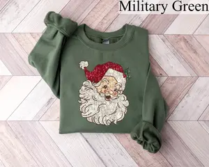 Retro Santa Sweatshirt, Faux Sequin Christmas Crewneck