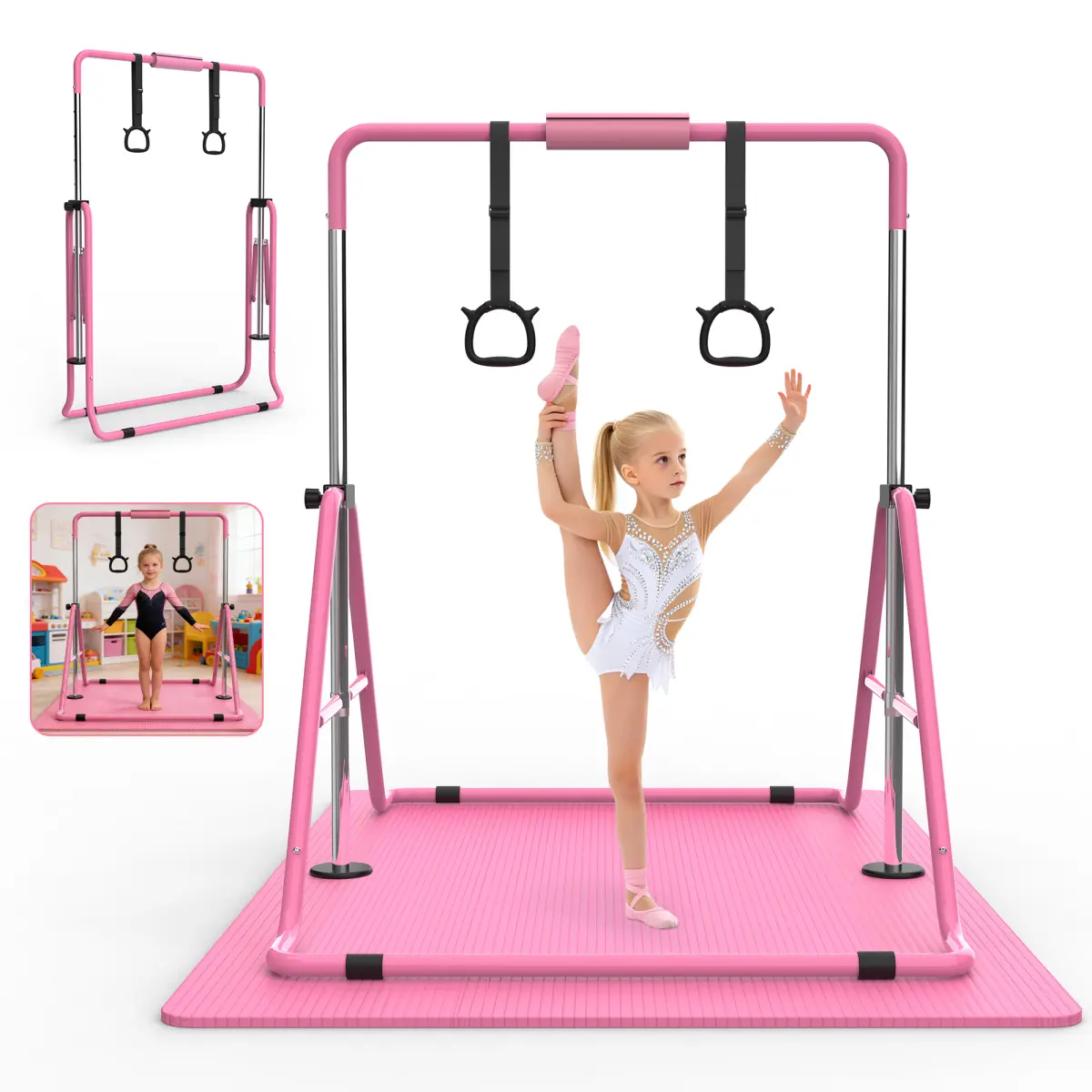 [Bellemave] Gymnastics Bar for Kids, Gymnastics Horizontal Bar with Adjustable Height Foldable Training Bar with Mat for Home Practice
