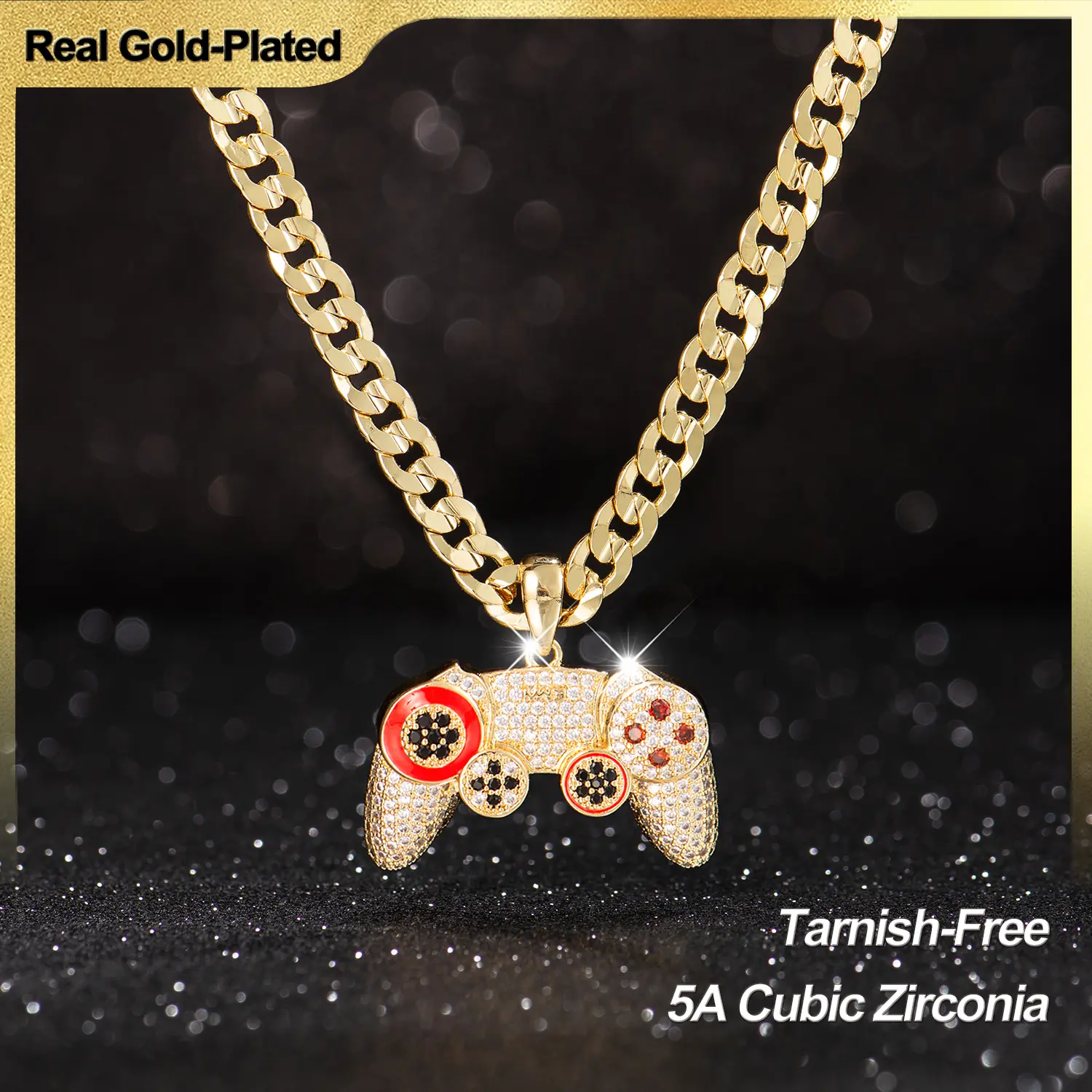 Holylegend 14K Real Gold-Plated Game Controller Necklace, Sony-Inspired CZ Diamond Pendant, 24" Rope &  Cuban Chain, Hip Hop Jewelry Gift for PlayStation Fans, Cuban Link Chain,Father's Day Gift