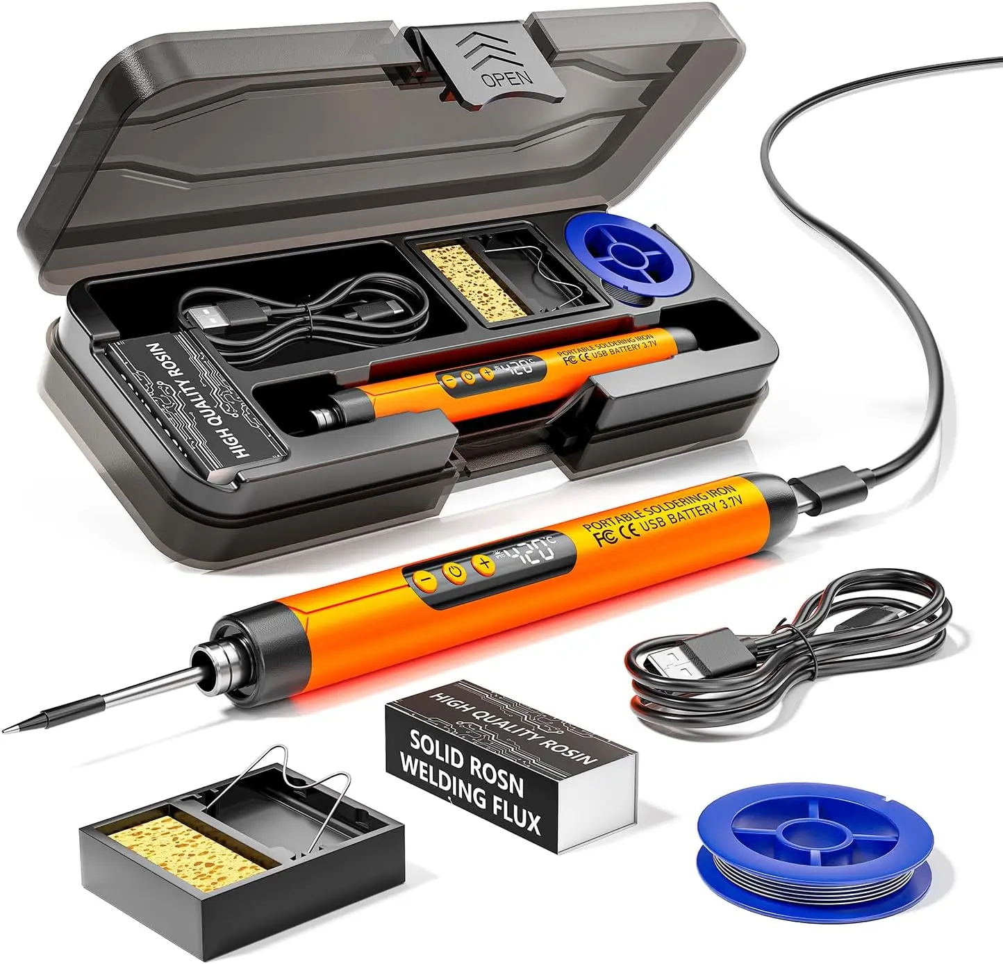Cordless USB Rechargeable Portable Soldering Iron, 3-speed Temperature Adjustable, Heating Core, Soldering Iron Cord, Rosin, Soldering Iron Stand, Storage Case