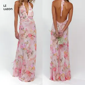 Women’s Chelsea maxi dress in Aspen, sleeveless halter backless summer cocktail dress with floral/dot print