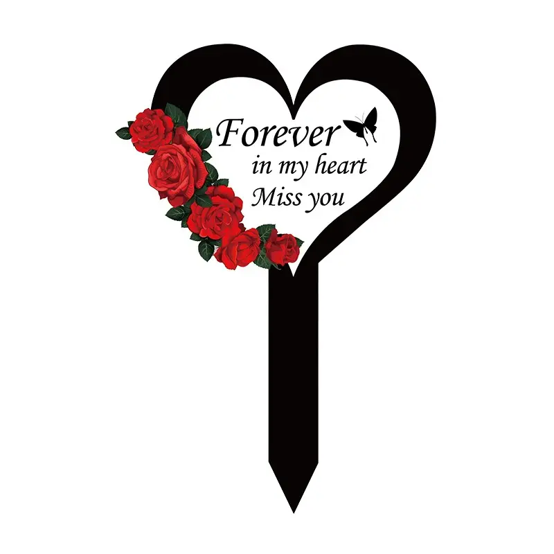 Heart Shaped Rose Graveyard Stake, 1 Count Outdoor Garden Graveyard Decoration, Acrylic Rose Plaque, Garden Sculptures Statues, Garden Decoration Supplies, Outdoor Garden Accessories
