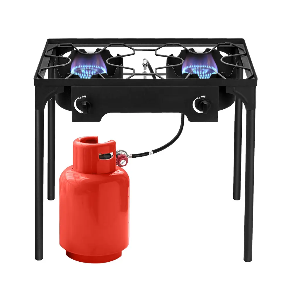 150,000 BTU 2-Burner Cast Iron Propane Stove - High-Power Weather-Resistant Outdoor Camping Cooker with Removable Legs, Temperature Control Knobs for Trucking, Parties, Tailgates, Weather-Resistant Finish, Dual Burners, No