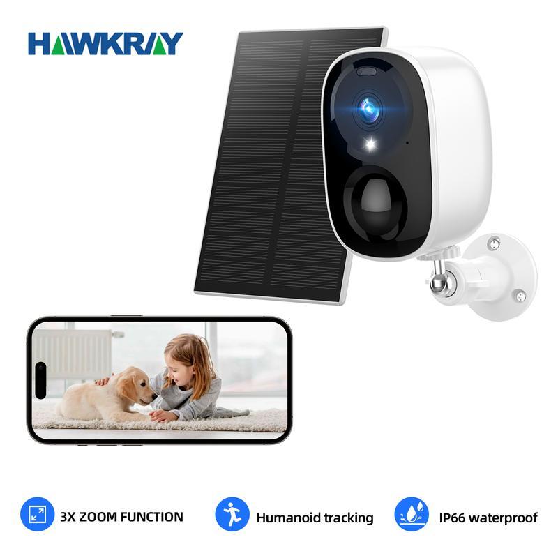 Hawkray Solar Security Cameras Outdoor, 2K Battery Powered WiFi Bluetooth Surveillance Wireless Outdoor Cameras for Home