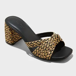 Women's Aaliyah Raffia Strappy Knot Sandal Heels - Universal Thread Black 8.5: Open Toe, Block Heel, Slip-On Design